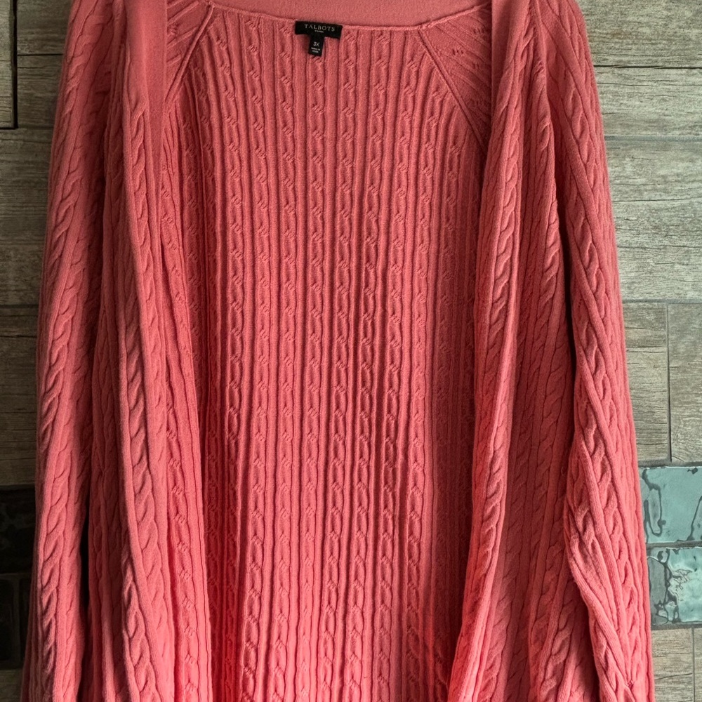Talbots Pink Cardigan Sweater with Cable Knit Design